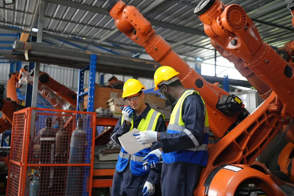 Two_men_in_safety_vests_and_hard_hats_stand_beside_a_large_orange_machine_on_a_construction_site _ISM Training_and_Recruitment
